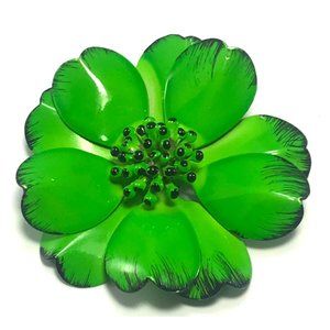 1960s Mod Green Enamel Flower Power Brooch Pin Hand Painted